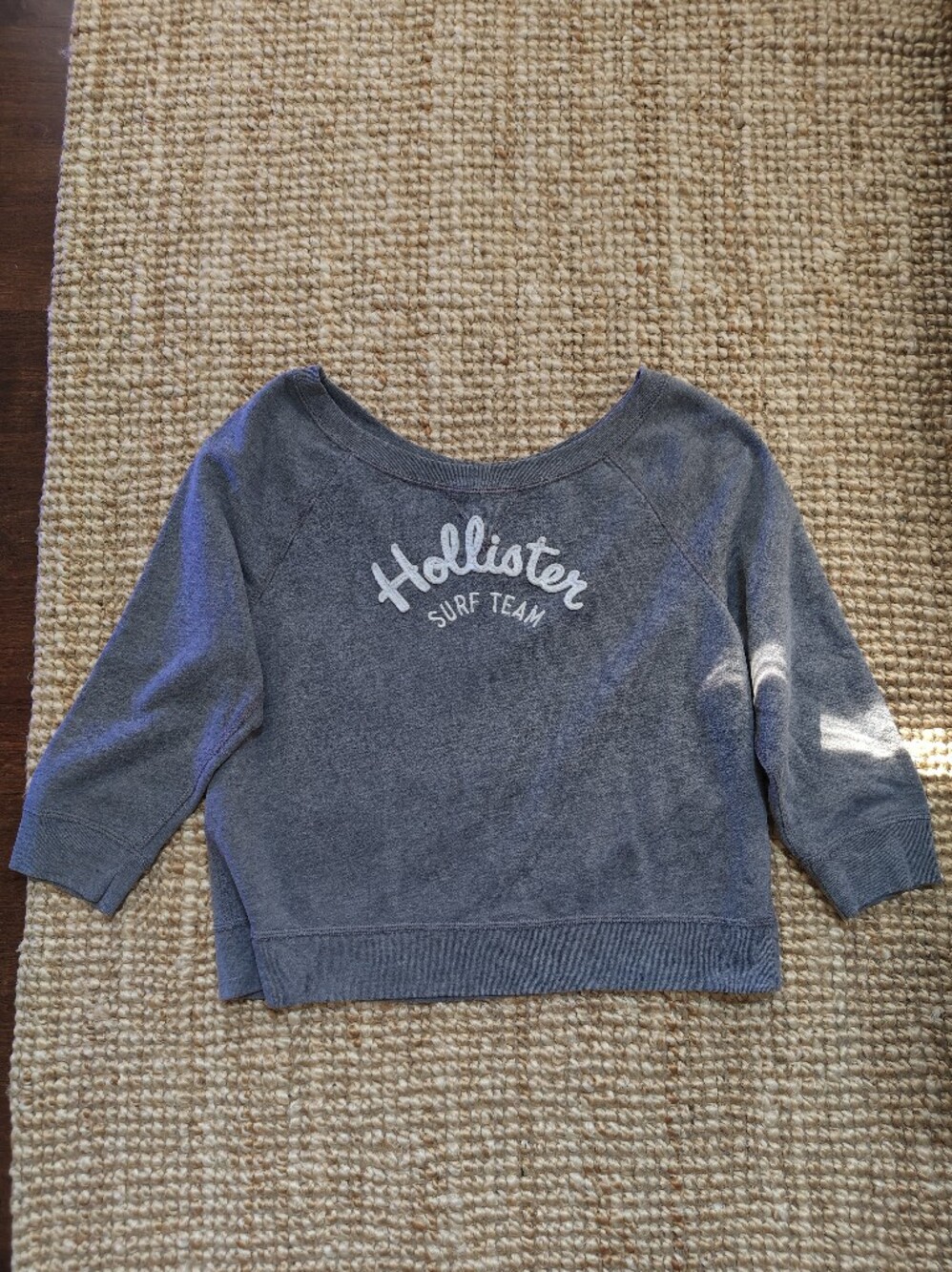 Y2K Vintage Hollister Gray Off-the-Shoulder Sweater with White Script